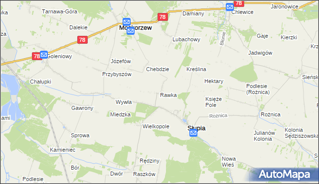mapa Rawka gmina Słupia, Rawka gmina Słupia na mapie Targeo