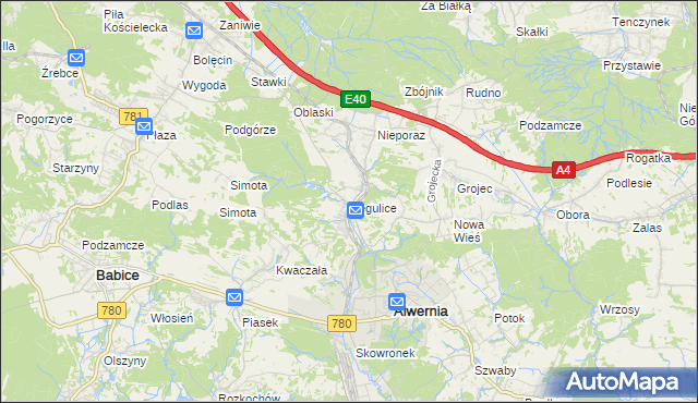 mapa Regulice gmina Alwernia, Regulice gmina Alwernia na mapie Targeo