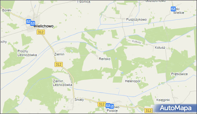 mapa Reńsko gmina Wielichowo, Reńsko gmina Wielichowo na mapie Targeo