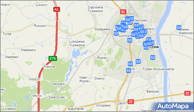 mapa Rokitki gmina Tczew, Rokitki gmina Tczew na mapie Targeo