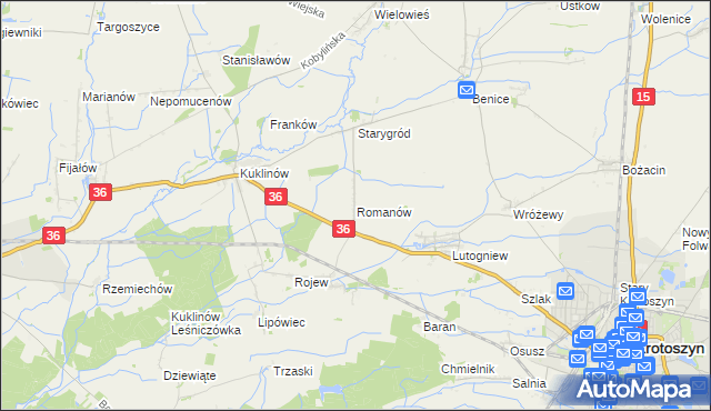 mapa Romanów gmina Krotoszyn, Romanów gmina Krotoszyn na mapie Targeo