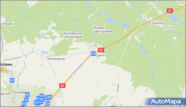 mapa Różanki gmina Kłodawa, Różanki gmina Kłodawa na mapie Targeo