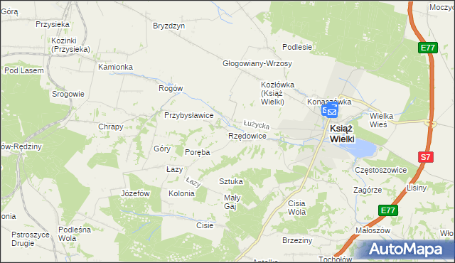 mapa Rzędowice gmina Książ Wielki, Rzędowice gmina Książ Wielki na mapie Targeo