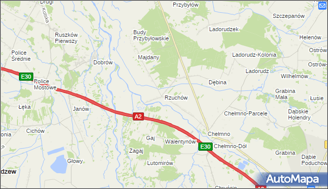 mapa Rzuchów gmina Dąbie, Rzuchów gmina Dąbie na mapie Targeo