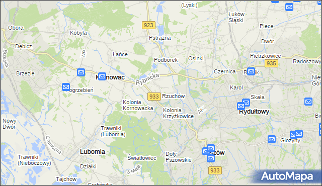 mapa Rzuchów gmina Kornowac, Rzuchów gmina Kornowac na mapie Targeo