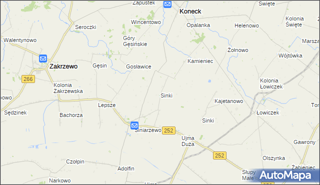 mapa Sinki gmina Zakrzewo, Sinki gmina Zakrzewo na mapie Targeo