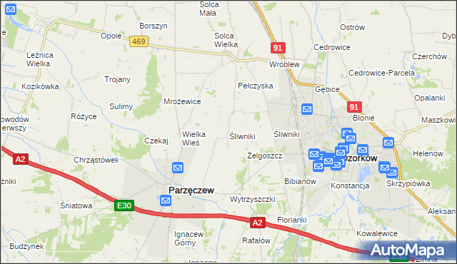 mapa Śliwniki gmina Parzęczew, Śliwniki gmina Parzęczew na mapie Targeo