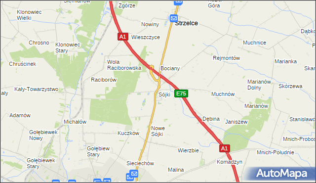 mapa Sójki gmina Strzelce, Sójki gmina Strzelce na mapie Targeo