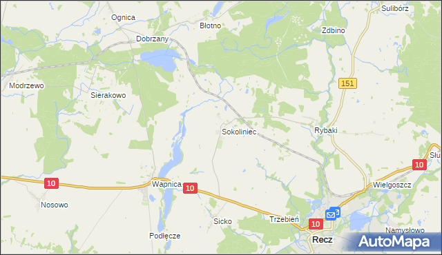 mapa Sokoliniec gmina Recz, Sokoliniec gmina Recz na mapie Targeo