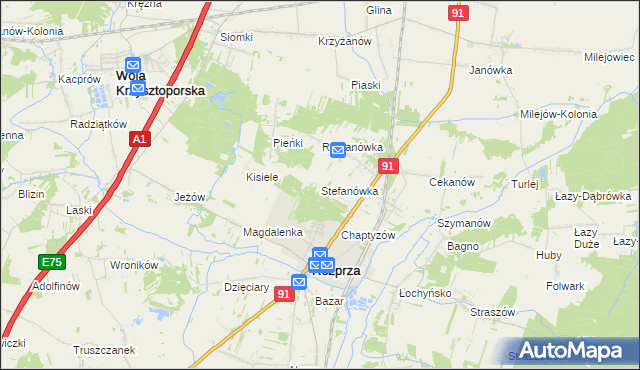 mapa Stefanówka gmina Rozprza, Stefanówka gmina Rozprza na mapie Targeo