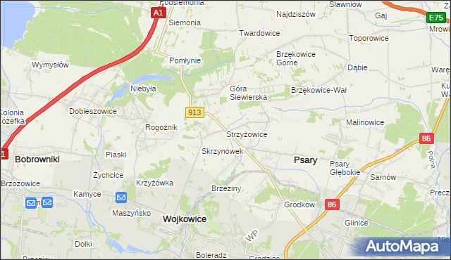 mapa Strzyżowice gmina Psary, Strzyżowice gmina Psary na mapie Targeo