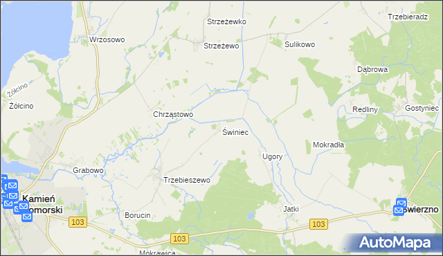 mapa Świniec gmina Kamień Pomorski, Świniec gmina Kamień Pomorski na mapie Targeo