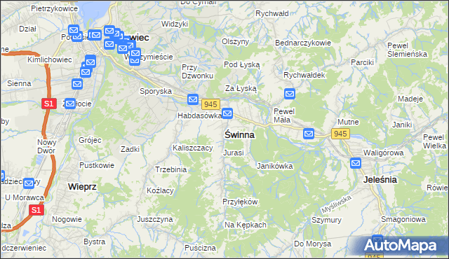 mapa Świnna powiat żywiecki, Świnna powiat żywiecki na mapie Targeo