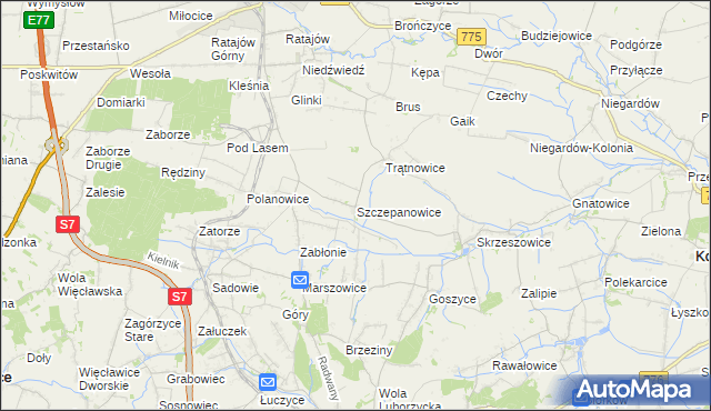 mapa Szczepanowice gmina Słomniki, Szczepanowice gmina Słomniki na mapie Targeo