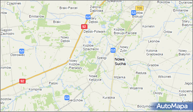 mapa Szeligi gmina Nowa Sucha, Szeligi gmina Nowa Sucha na mapie Targeo