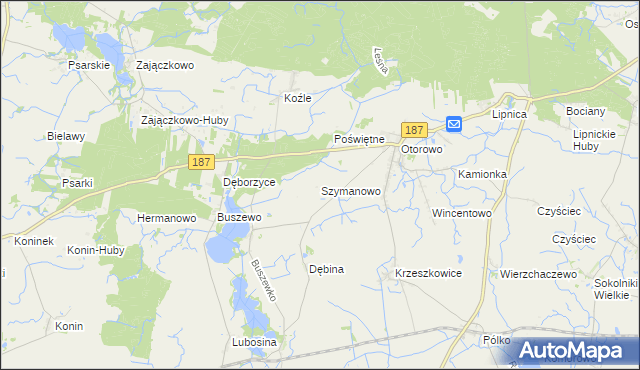 mapa Szymanowo gmina Pniewy, Szymanowo gmina Pniewy na mapie Targeo