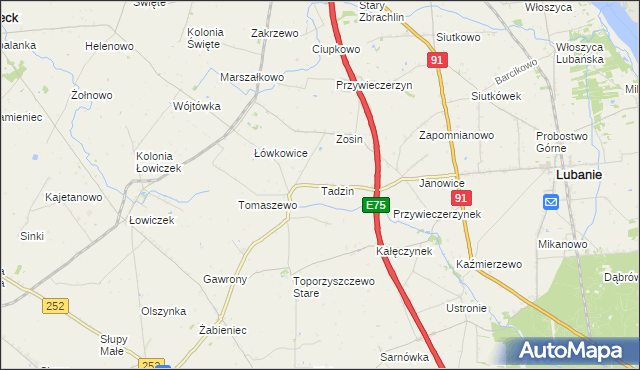 mapa Tadzin gmina Lubanie, Tadzin gmina Lubanie na mapie Targeo