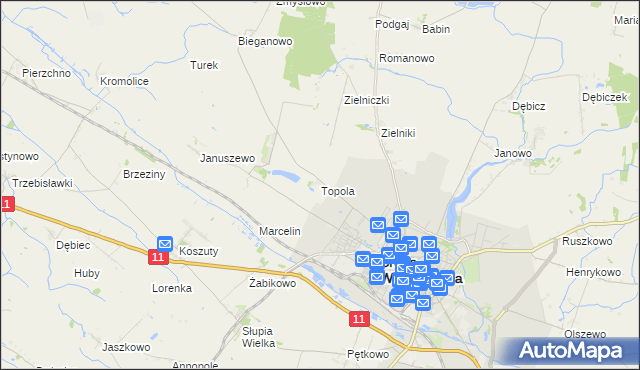 mapa Topola gmina Środa Wielkopolska, Topola gmina Środa Wielkopolska na mapie Targeo