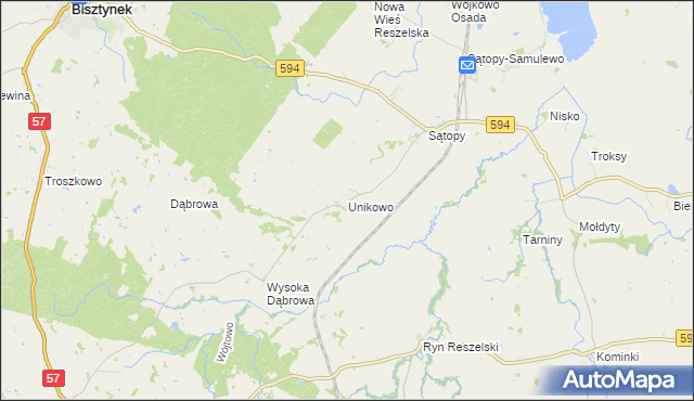 mapa Unikowo gmina Bisztynek, Unikowo gmina Bisztynek na mapie Targeo