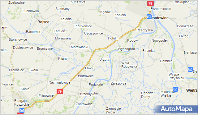 mapa Urzuty gmina Opatowiec, Urzuty gmina Opatowiec na mapie Targeo