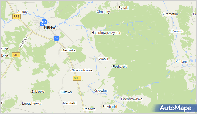 mapa Waśki gmina Narew, Waśki gmina Narew na mapie Targeo