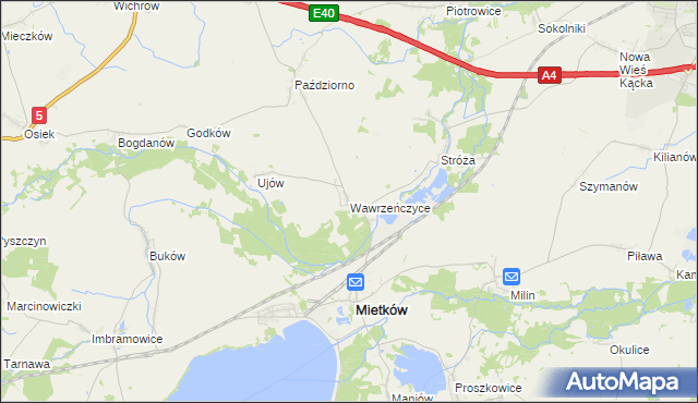 mapa Wawrzeńczyce gmina Mietków, Wawrzeńczyce gmina Mietków na mapie Targeo