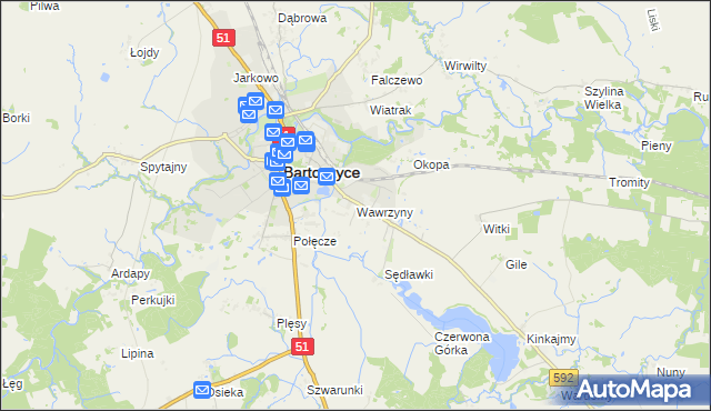 mapa Wawrzyny gmina Bartoszyce, Wawrzyny gmina Bartoszyce na mapie Targeo