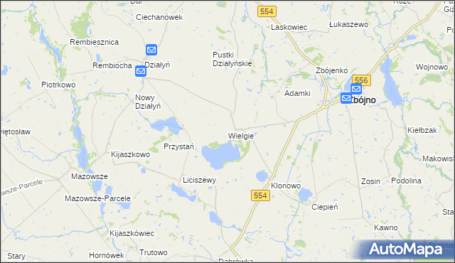 mapa Wielgie gmina Zbójno, Wielgie gmina Zbójno na mapie Targeo