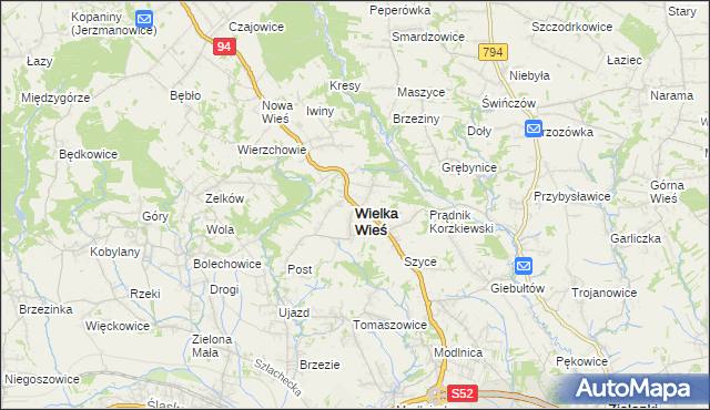 mapa Wielka Wieś powiat krakowski, Wielka Wieś powiat krakowski na mapie Targeo