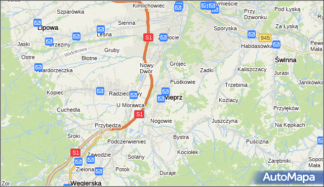 mapa Wieprz gmina Radziechowy-Wieprz, Wieprz gmina Radziechowy-Wieprz na mapie Targeo