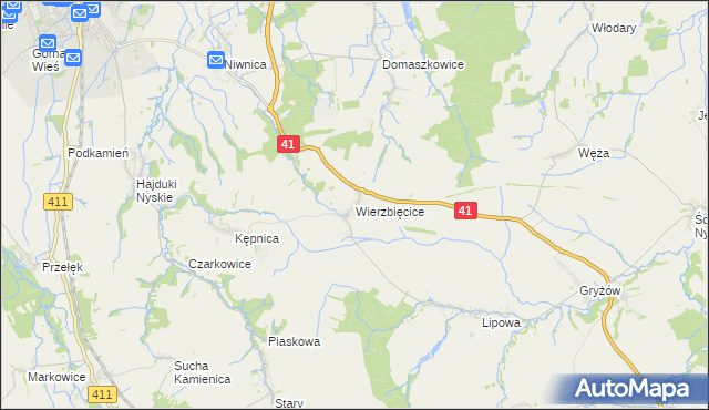 mapa Wierzbięcice gmina Nysa, Wierzbięcice gmina Nysa na mapie Targeo