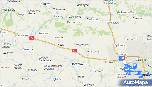 mapa Wierzbiny gmina Obrazów, Wierzbiny gmina Obrazów na mapie Targeo