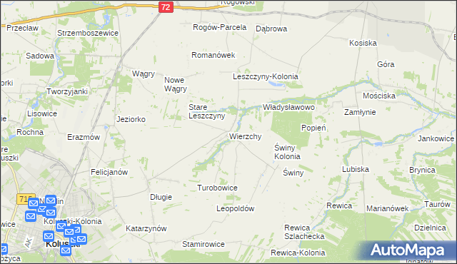 mapa Wierzchy gmina Koluszki, Wierzchy gmina Koluszki na mapie Targeo