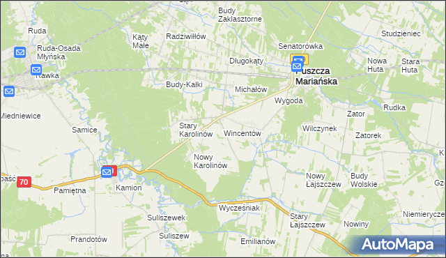 mapa Wincentów gmina Puszcza Mariańska, Wincentów gmina Puszcza Mariańska na mapie Targeo