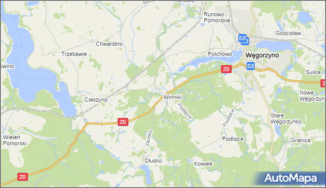 mapa Winniki gmina Węgorzyno, Winniki gmina Węgorzyno na mapie Targeo