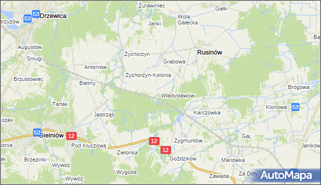 mapa Władysławów gmina Rusinów, Władysławów gmina Rusinów na mapie Targeo