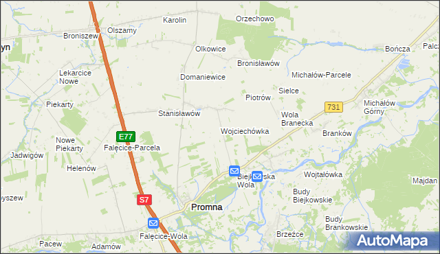 mapa Wojciechówka gmina Promna, Wojciechówka gmina Promna na mapie Targeo