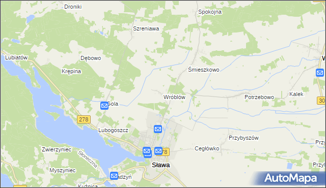 mapa Wróblów gmina Sława, Wróblów gmina Sława na mapie Targeo