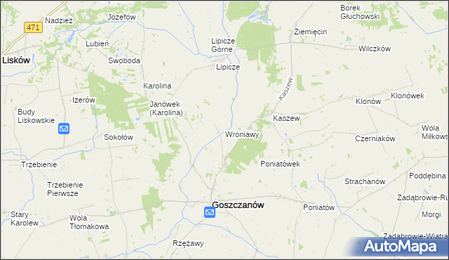 mapa Wroniawy gmina Goszczanów, Wroniawy gmina Goszczanów na mapie Targeo