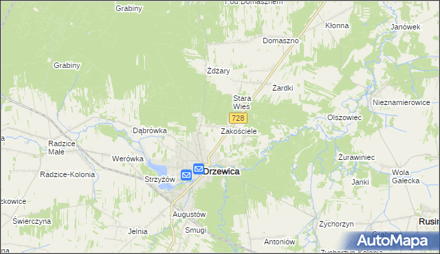 mapa Zakościele gmina Drzewica, Zakościele gmina Drzewica na mapie Targeo