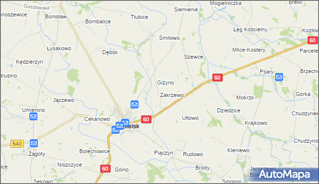 mapa Zakrzewo gmina Bielsk, Zakrzewo gmina Bielsk na mapie Targeo