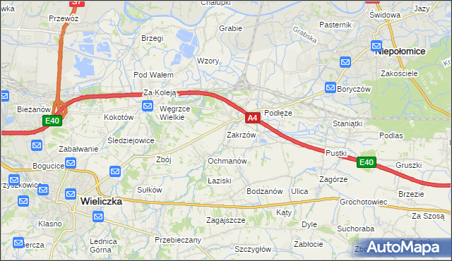 mapa Zakrzów gmina Niepołomice, Zakrzów gmina Niepołomice na mapie Targeo