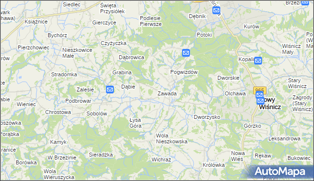 mapa Zawada gmina Bochnia, Zawada gmina Bochnia na mapie Targeo