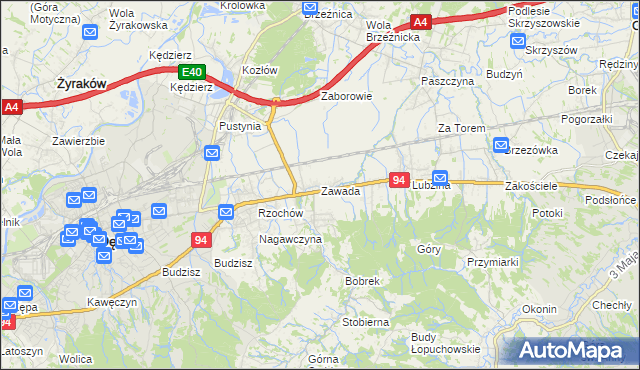 mapa Zawada gmina Dębica, Zawada gmina Dębica na mapie Targeo