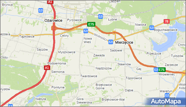 mapa Zawada gmina Mierzęcice, Zawada gmina Mierzęcice na mapie Targeo