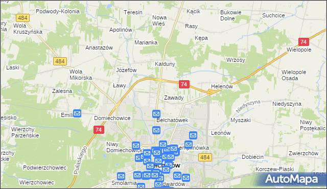 mapa Zawady gmina Bełchatów, Zawady gmina Bełchatów na mapie Targeo