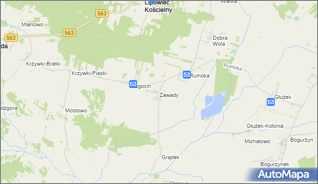 mapa Zawady gmina Lipowiec Kościelny, Zawady gmina Lipowiec Kościelny na mapie Targeo