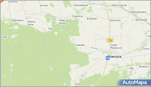 mapa Zawady gmina Rzeczyca, Zawady gmina Rzeczyca na mapie Targeo