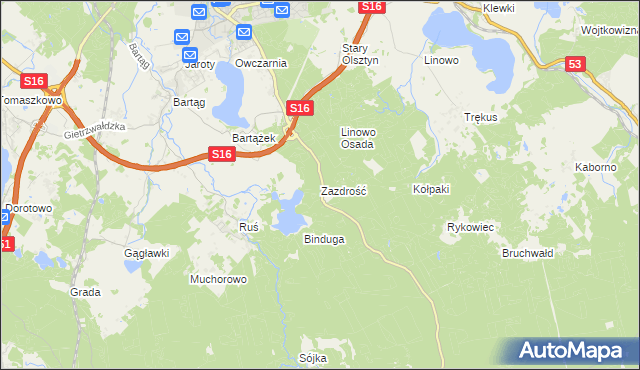 mapa Zazdrość gmina Stawiguda, Zazdrość gmina Stawiguda na mapie Targeo