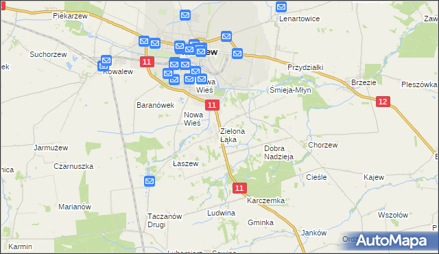 mapa Zielona Łąka gmina Pleszew, Zielona Łąka gmina Pleszew na mapie Targeo